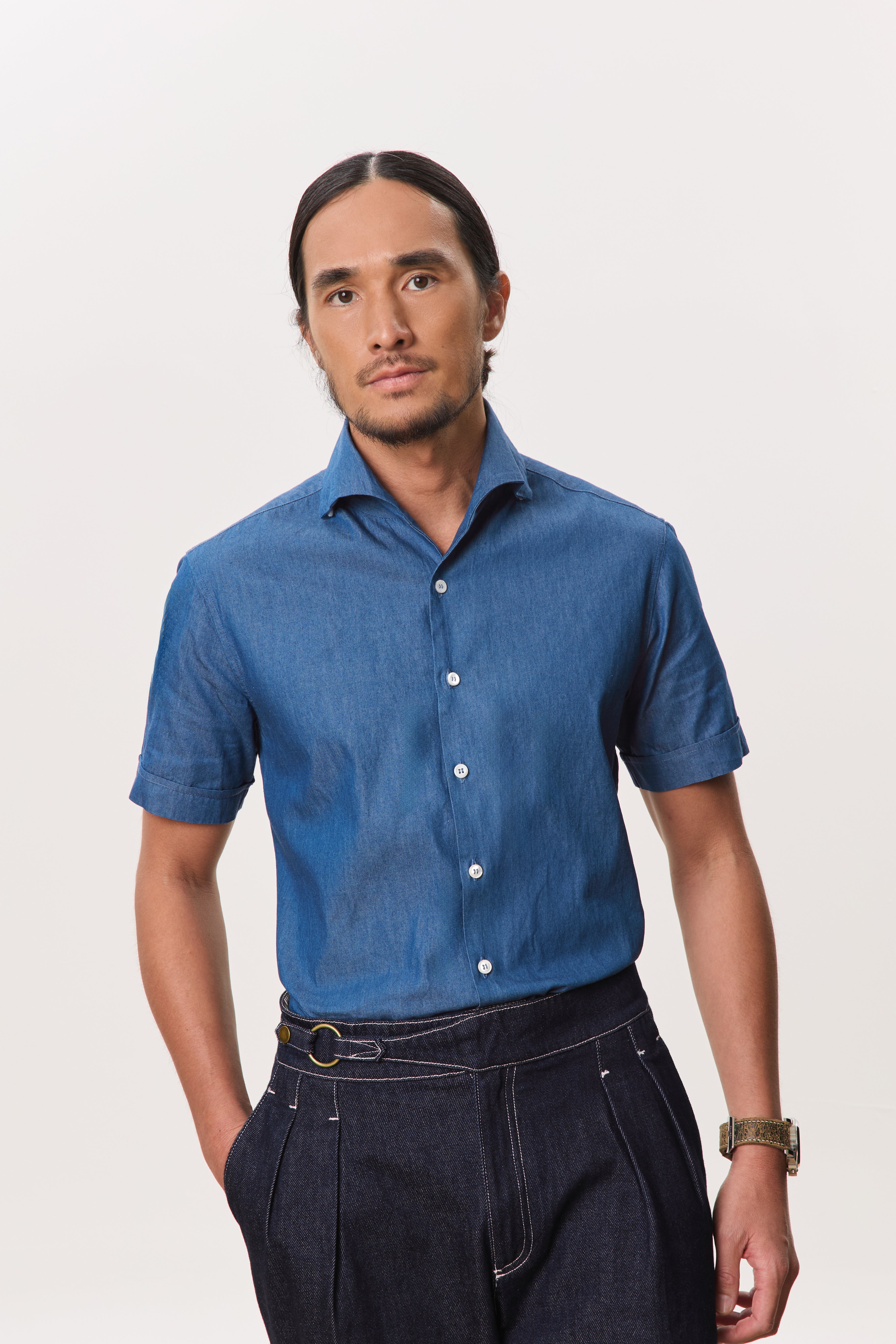 Soren One-Piece Collar Short Sleeve Shirt, Chambray